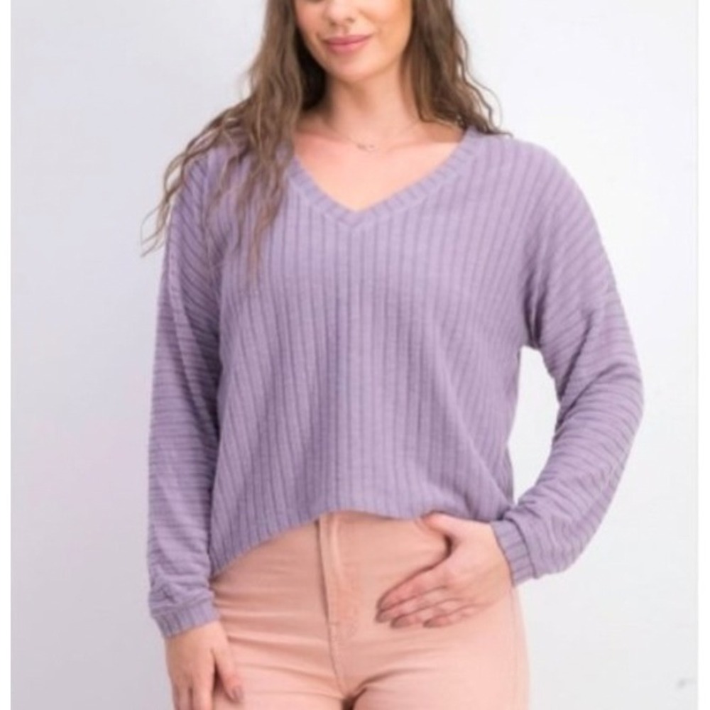 NEW‎ Hippie Rose Juniors' Cozy V-Neck Ribbed Top Purple Size Small NWT